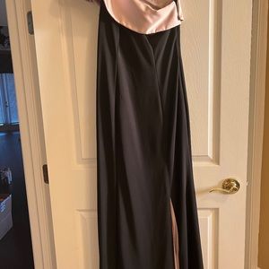 One shoulder black and soft pink satin dress.